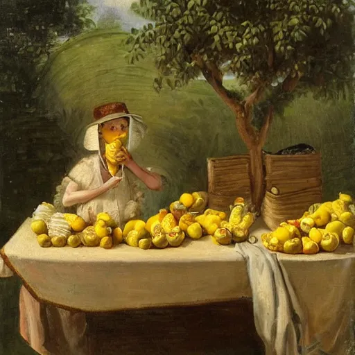 Prompt: a snail animal selling lemons at a lemon stand in a garden, oil painting, classic art