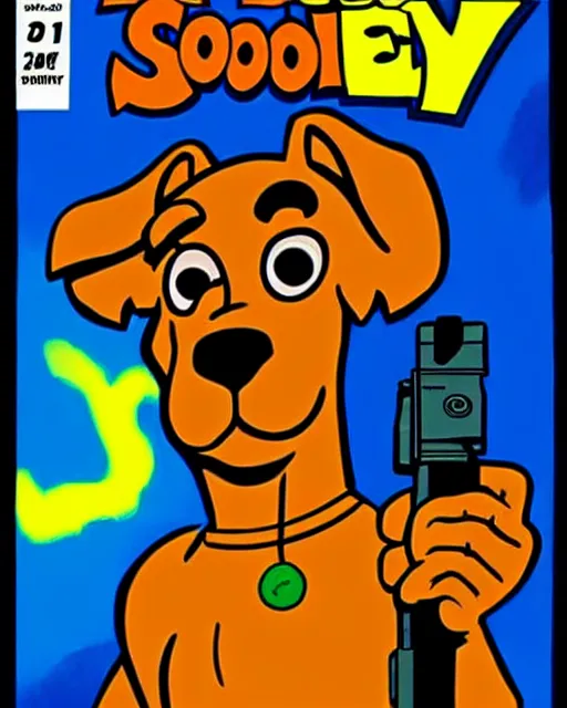 Prompt: scooby doo holding a gun as comic cover art, full body scooby doo, symmetrical eyes, realistic fur, beautiful, rim lighting, vivid colors