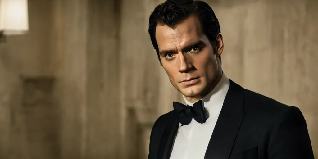 Image similar to still photo from henry cavill as james bond, red digital cinema 8 k