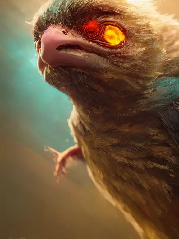 Image similar to fine painting of a mutated baby bird, 8 k, ultra realistic, lens flare, atmosphere, glow, detailed, intricate, full of colour, cinematic lighting, trending on artstation, 4 k, hyperrealistic, focused, extreme details, unreal engine 5, cinematic, masterpiece