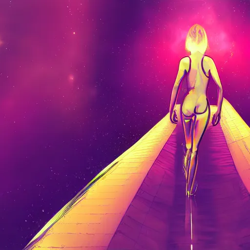 Image similar to A wide angle shot from below of a feminine body walking with swagger towards camera on mars in an infinite universe , synthwave digital art