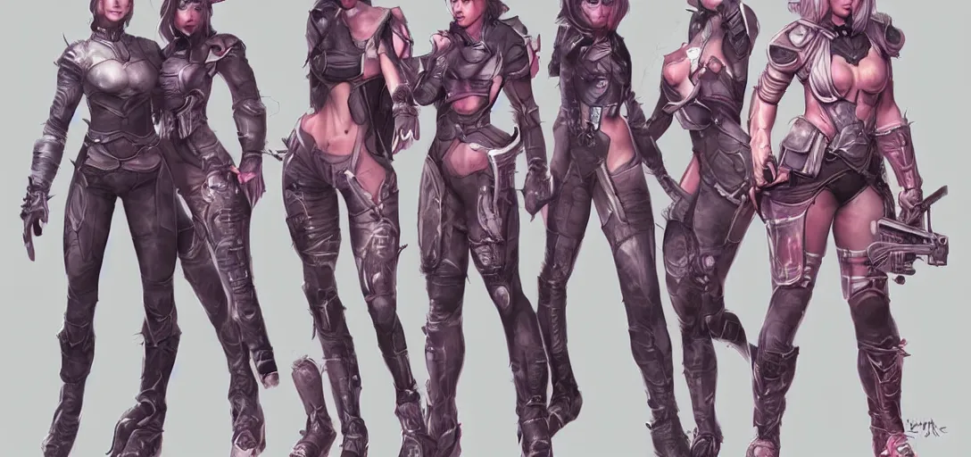 Prompt: character sheet concept art of female video game characters, renaissance, futurepunk, bright, parkour, rebel, realistic, hyper realistic, photographic, costume, by marc brunet and artgerm