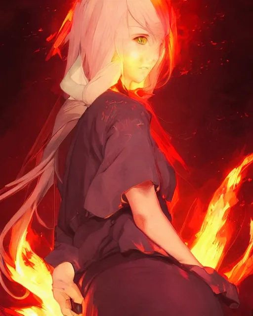 Image similar to red eyed anime girl, flames everywhere, highly detailed, digital painting, artstation, concept art, smooth, sharp focus, illustration, art by artgerm and greg rutkowski and alphonse mucha