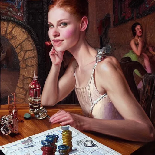 Image similar to a portrait of anthropomorphic ballerina sitting around a table in a tavern playing dice, furaffinity, by donato giancola and james gurney