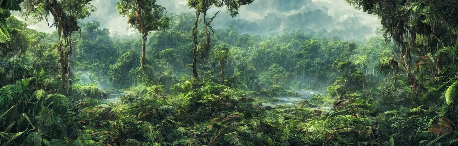 Image similar to painting of a jungle scene on an alien planet by vincent bons. ultra sharp high quality digital render. detailed. beautiful landscape. weird vegetation. water.