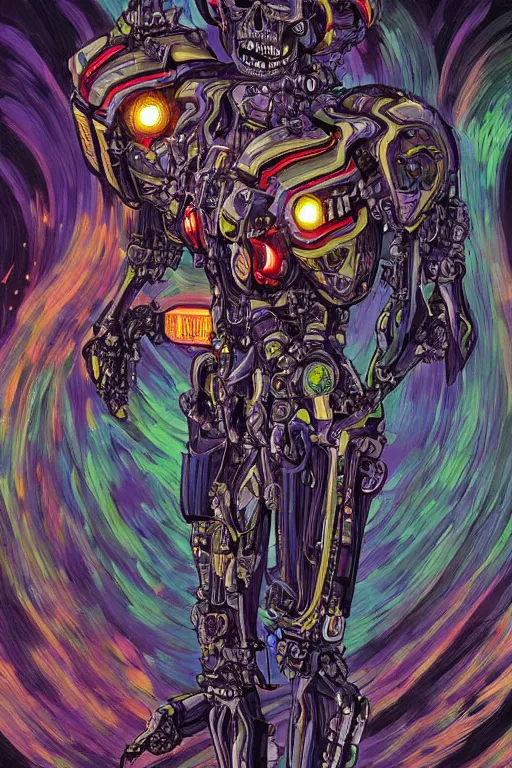 Prompt: comic art of a fluorescent ultra-detailed portrait art of mecha skeleton, by dan mumford and Junji Ito,, zx spectrum color palette, anatomy, only two hands, highly detailed, digital painting, artstation, concept art, smooth, sharp focus, illustration, Unreal Engine 5, 8K, art by art by artgerm and greg rutkowski and edgar maxence