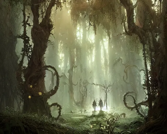 Image similar to a magical forest in the border between the good and the bad, fantasy art, intricate, highly detailed, in the style of greg rutkowski