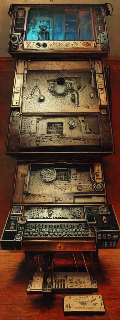 Image similar to An intricate steampunk computer painted by Rene Magritte