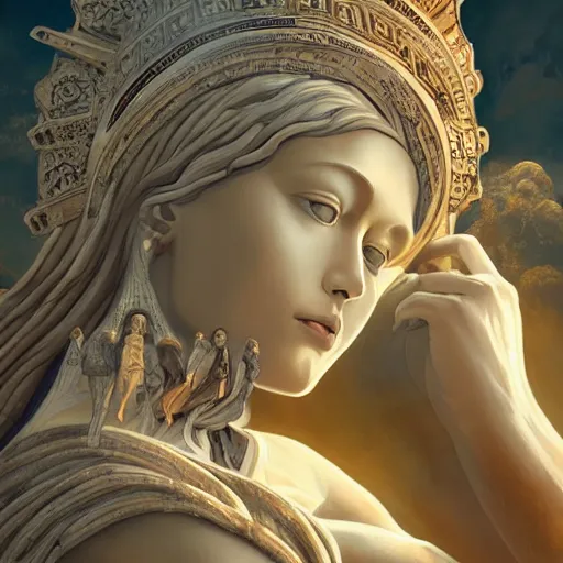 Prompt: A digital masterpiece illustration concept art of a giant statue of a very beautiful Greek Goddess with its top in the heaven, beautiful eyes, symmetrical face, symmetrical body, taiga landscape + inspired art by by WLOP + Extremely detailed and intricate complexity + epic composition, magical atmosphere, cinematic lighting + wide long shot, wide angle + trending on artstation + 8k