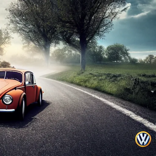 Prompt: promotion movie still of a ( volkswagen beatle ) racing down a dusty back road. cinematic, 4 k, imax, 7 0 mm