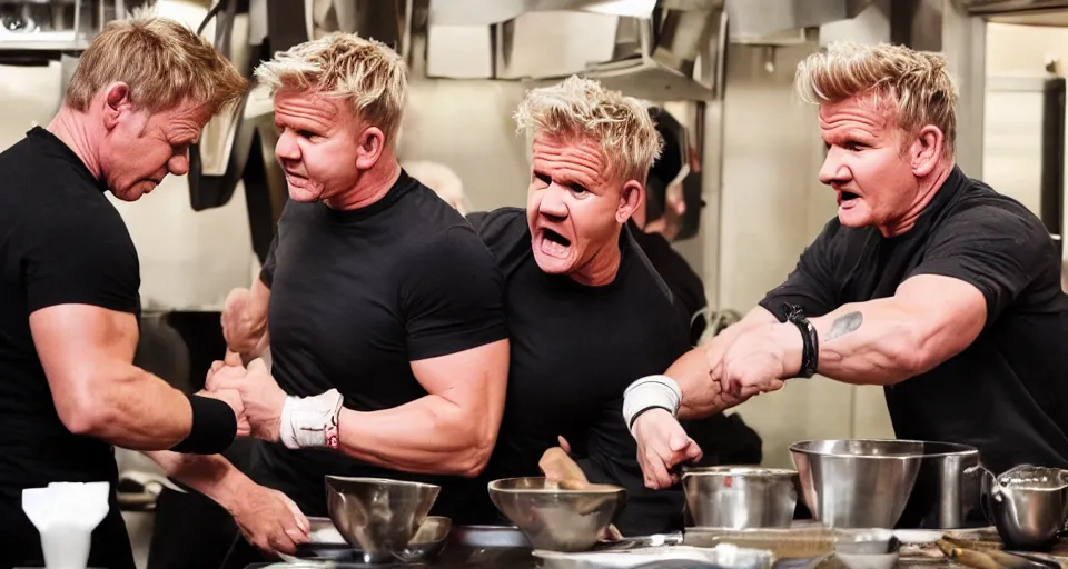 Image similar to photo of angry furious Gordon Ramsay punching Gordon Ramsay at the kitchen