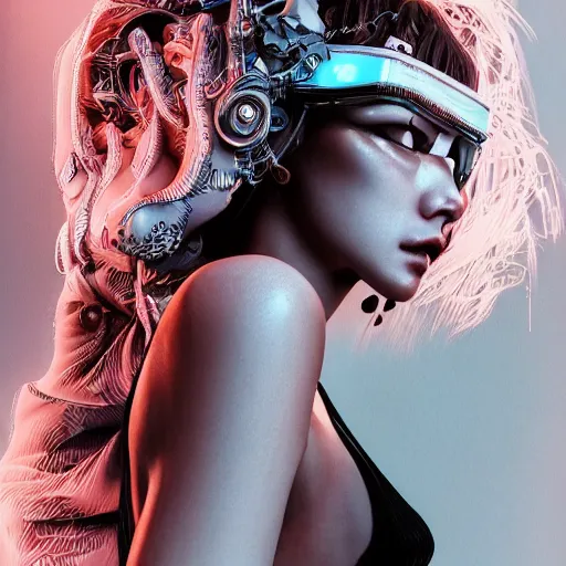 Prompt: the portrait of an absurdly beautiful, graceful, elegant, sophisticated, fashionable cyberpunk gravure idol, an ultrafine hyperdetailed illustration by kim jung gi, irakli nadar, intricate linework, bright colors, porcelain skin, unreal engine 5 highly rendered, fashion photography, dazed korea, global illumination, radiant light, detailed and intricate environment