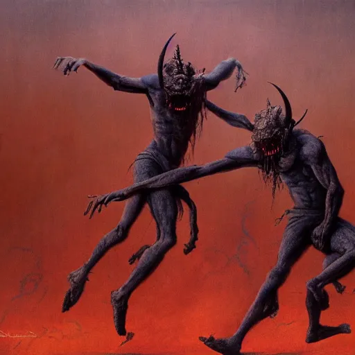 Image similar to two demons dance ballet in hell, beksinski, dariusz zawadzki, very coherent symmetrical artwork. cinematic, hyper realism, high detail, octane render, 8 k