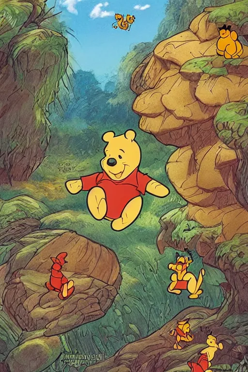 Image similar to “ a fusion of the many adventures of winnie the pooh background art and nausicaa of the valley of the wind background art ”