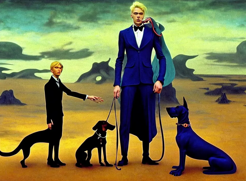 Image similar to realistic detailed portrait movie shot of an elegant blond male vampire with a doberman on a leash, sci fi landscape background by denis villeneuve, amano, yves tanguy, alphonse mucha, max ernst, caravaggio, roger dean, masterpiece, rich moody colours, dog teeth, blue eyes