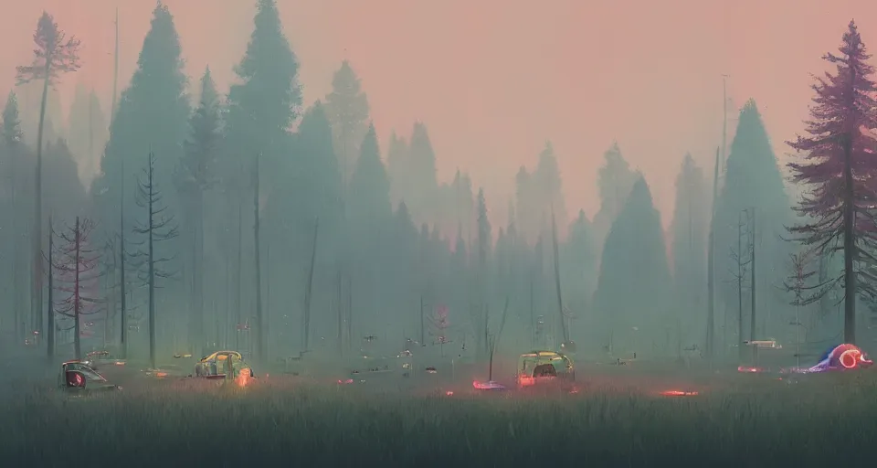 Image similar to Enchanted and magic forest, by simon stalenhag