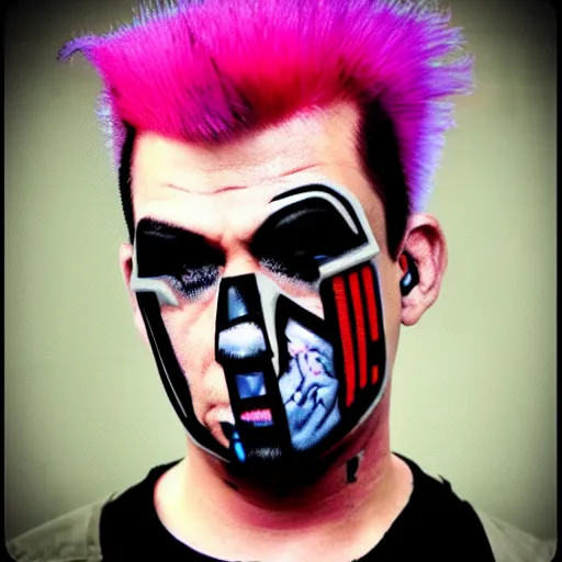 Prompt: neonpunk anarchist with mohawk and cyber implants on face, fuming, angry, grinning, pixel art