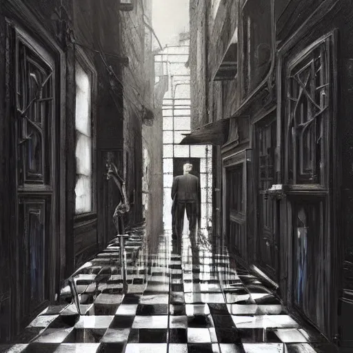 Image similar to diego dayer, hyperrealistic surrealism, award winning masterpiece with incredible details, a surreal vaporwave painting of door leading to nowhere, mirrors everywhere, highly detailed, black and white checkered floor