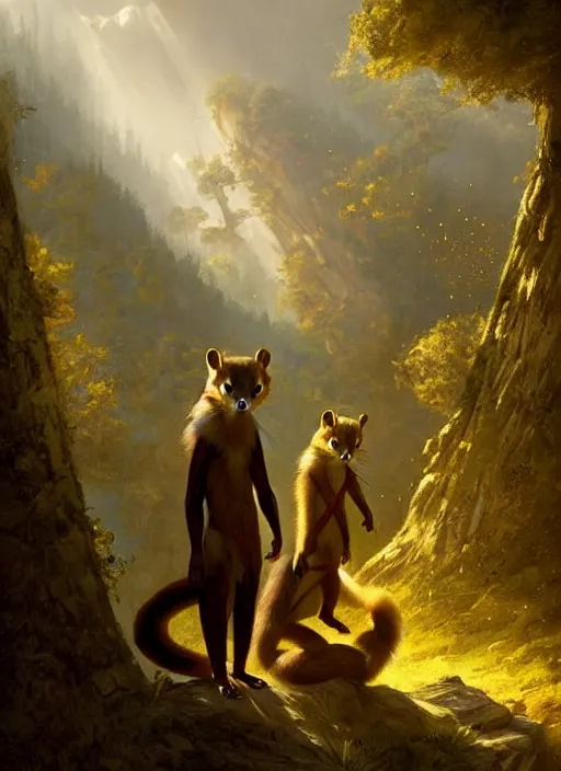 Prompt: a beautiful scene from a 2 0 2 2 fantasy film featuring a humanoid pine marten with golden eyes wearing a loose tunic. an anthropomorphic mustelid with gold eyes. joseph ducreux, greg rutkowski.