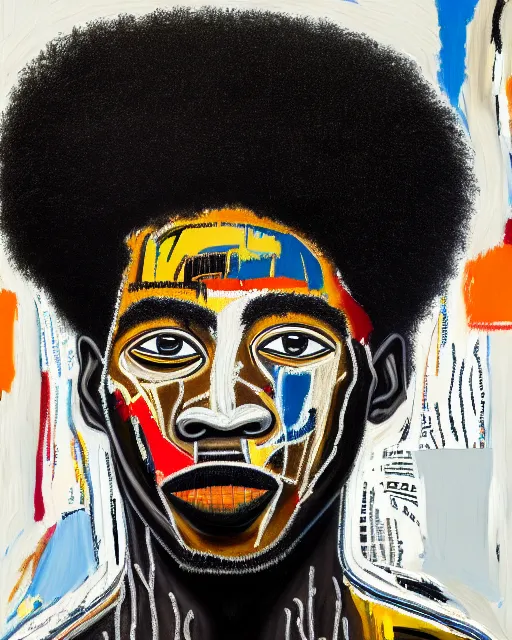 Image similar to A extremely ultra highly detailed majestic hi-res beautiful immaculate head and shoulders award winning painting stunning masterpiece of the face of a strong black african man with an afro by Jean-Michel Basquiat, 8k, high textures, ultra hyper sharp, insanely detailed and intricate, super detailed, 8k HDR ultra high quality