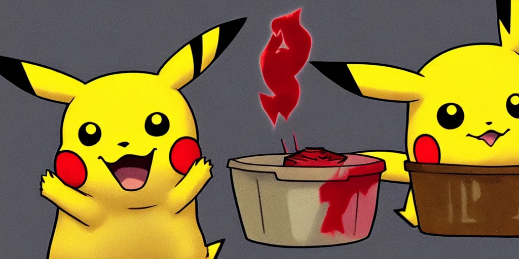 Prompt: pikachu devouring a dog sharp teeth burtal eyes scary mouth dark room red candles trash bin
