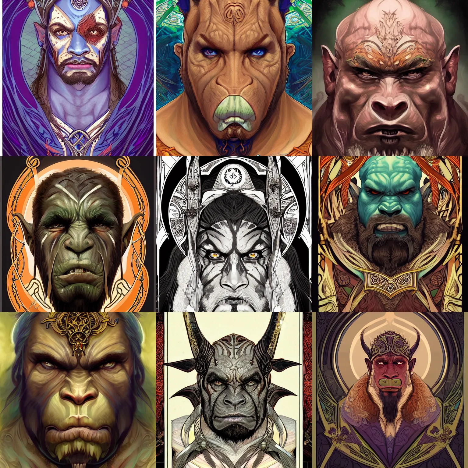 Prompt: head-on symmetrical centered painted portrait, D&D male orc druid, art nouveau, tarot card style, tarot card style, fantasy, intricate, elegant, highly detailed, smooth, sharp focus, illustration, artstation, in the style of Artgerm and Anna Podedworna and Alex Ross and Mucha