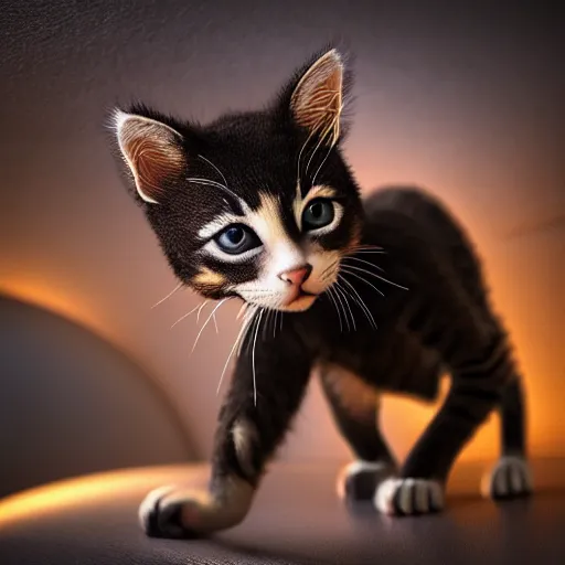 Image similar to full body pose, hyperrealistic photograph of a nightmare kitten, dim volumetric lighting, 8 k, octane beautifully detailed render, extremely hyper detailed, intricate, epic composition, cinematic lighting, masterpiece, trending on artstation, very very detailed, stunning, hdr, smooth, sharp focus, high resolution, award, winning photo, dslr, 5 0 mm