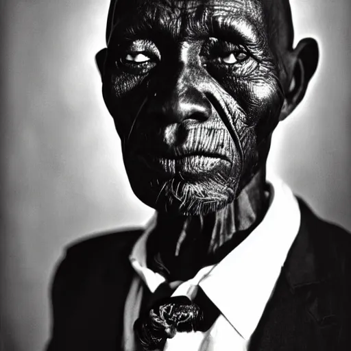 Prompt: black and white photo, portrait of Congolese voodoo master by sebastiao salgado, realistic, Leica, medium format, cinematic lighting, parallax, high resolution,