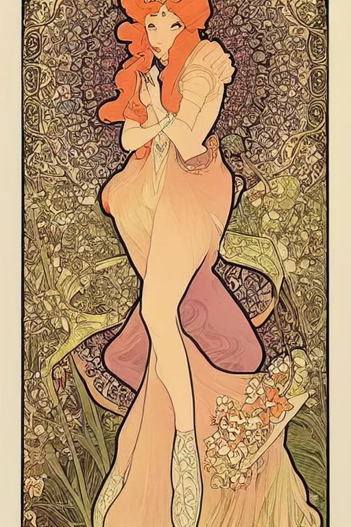 Prompt: beautiful art nouveau painting of princess - peach!!!!!!! by mucha, sharp edges, intricate line - work.