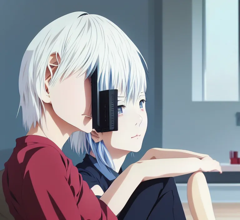 Prompt: anime visual, a young japanese woman with white hair watching tv in the living room, cute face by ilya kuvshinov, yoshinari yoh, makoto shinkai, katsura masakazu, dynamic perspective pose, detailed facial features, kyoani, rounded eyes, crisp and sharp, cel shad, anime poster, ambient light