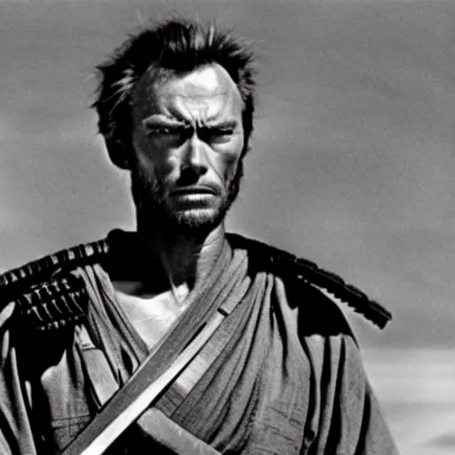 Prompt: clint eastwood as a samurai in seven samurai ( 1 9 5 4 ). grainy movie still