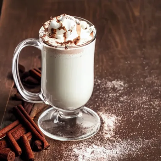 Prompt: hot chocolate with cream in a glass, straight on angle, 4 k,