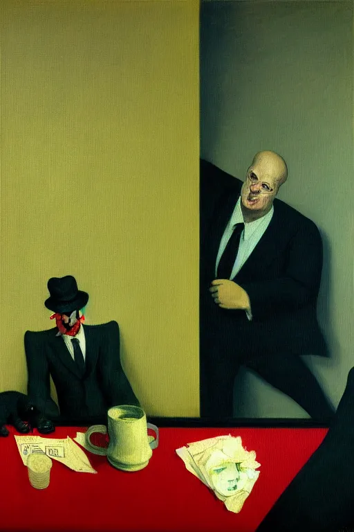 Prompt: man in business costume, a bear in business costume, business negotiations process, hauntingly surreal, highly detailed painting by francis bacon, edward hopper, adrian ghenie, gerhard richter, and james jean soft light 4 k,