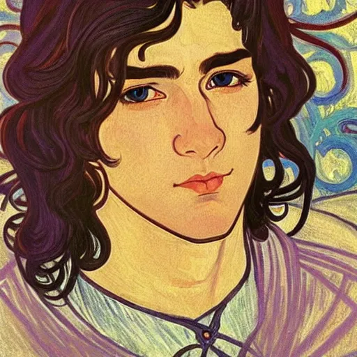 Image similar to painting of handsome beautiful paladin elf! man with long wavy dark hair in his 2 0 s named shadow taehyung at the blueberry party, wearing armor!, elegant, clear, painting, stylized, delicate, soft facial features, art, art by alphonse mucha, vincent van gogh, egon schiele,