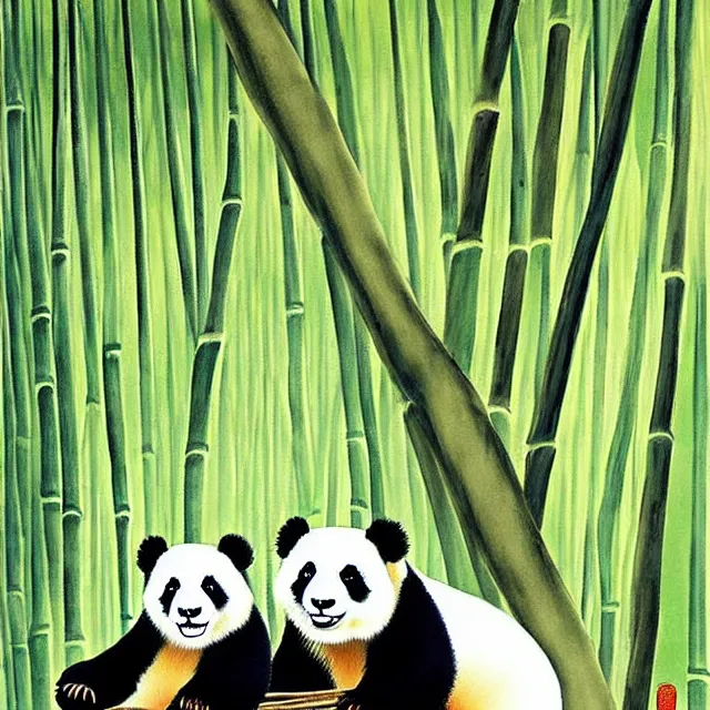 Image similar to a beautiful painting two pandas in the bamboo forest, by zhang daqian painting