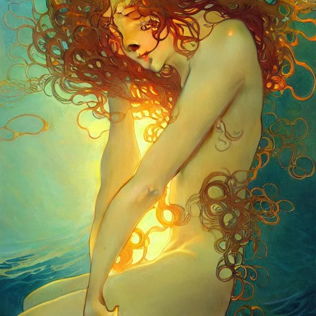 Image similar to mind bending ocean waves of glossy liquid honey drops flowing like psychedelic translucent amber, lsd waves, lsd ripples, backlit, sunset, refracted lighting, art by collier, albert aublet, krenz cushart, artem demura, alphonse mucha