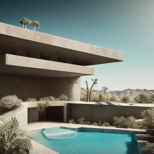 Image similar to hyper detailed ultra sharp rendering of brutalism conceptual building in the desert, biophilia mood, pool, garden, highly detailed, cinematic, photorealistic,
