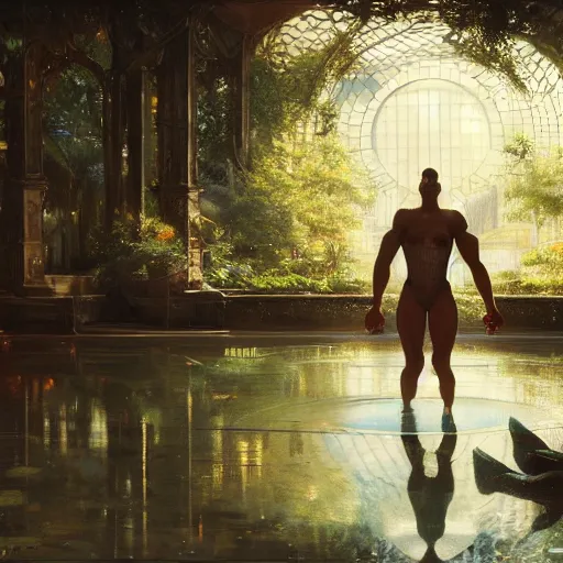 Image similar to handsome portrait of a wheelchair guy fitness posing, radiant light, caustics, war hero, smooth, one legged amputee, reflective water koi pond, ghost in the shell, lush garden surroundings, by gaston bussiere, bayard wu, greg rutkowski, giger, maxim verehin