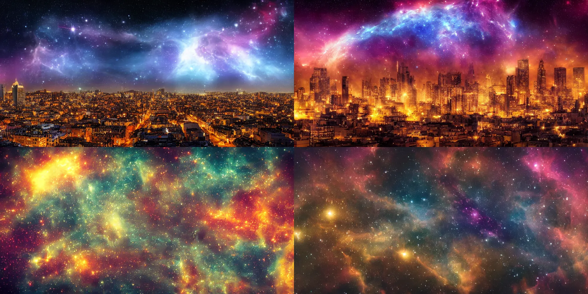 Prompt: a city at night with a pretty nebula in the sky, high detail