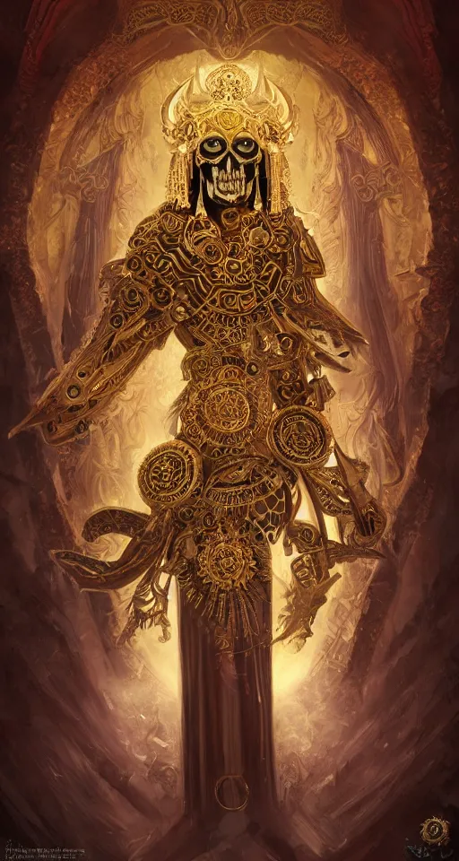 Image similar to a portrait of the thanatos the emperor of death wearing an ornate headdress made of gold metal and mandalas, surrealism, smooth, intricate, elegant, galactic energy, death and dying, golden glow, digital painting, artstation, concept art, high tech fantasy, sharp focus, illustration, art by jason chan and riot studios and blizzard studios
