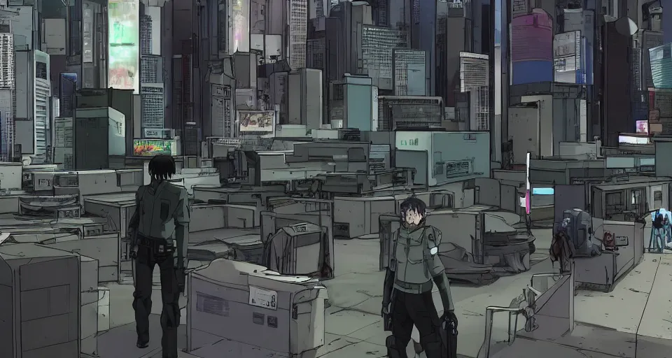 Prompt: Scene within the location called 'Public security section 9'. Cyber anti-crime background environment. Screenshot from an episode of the anime 'Ghost in the shell: Stand Alone Complex' (2003). Produced by 'Production I.G'. Original manga by Masamune Shirow. Art direction by Kazuki Higashiji and Yuusuke Takeda.