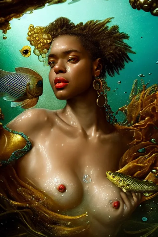 Image similar to hyperrealistic post - rococo cinematic half underwater scene with fish and algae, very expressive! translucent elegant african goddess getting out of water, gold jewerly, highly detailed face, digital art masterpiece, aykut aydogdu zener, dramatic volumetric light, long shot, low angle uhd 8 k, sharp focus