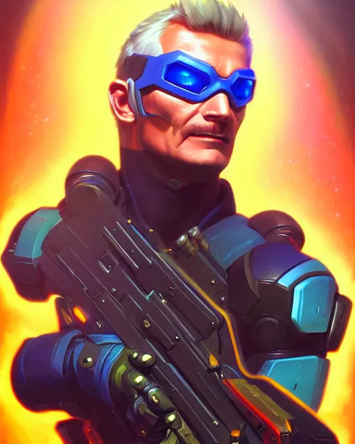 Image similar to soldier 7 6 from overwatch, colorful, fantasy, fantasy art, character portrait, portrait, close up, highly detailed, intricate detail, amazing detail, sharp focus, vintage fantasy art, vintage sci - fi art, radiant light, caustics, by boris vallejo