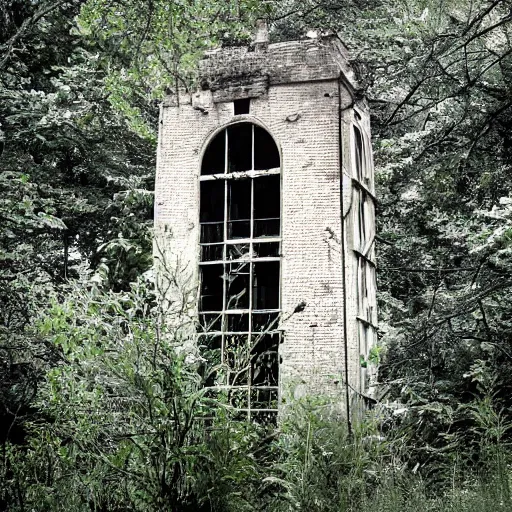 Prompt: Photograph of the abandoned wizard\'s tower in the overgrown garden. Unknown F64 photographer..