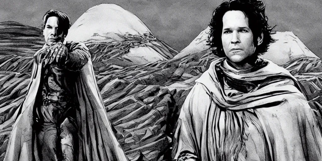 Image similar to Paul Rudd in the movie Dune, black and white matte painting, comic book