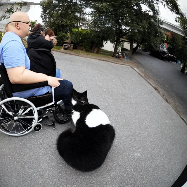 Image similar to fisheye photo of super fat angry cat sitting in a wheelchair