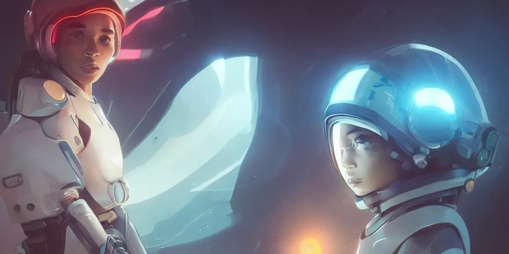 Image similar to one Zoe Kravitz with short hair as a futuristic astronaut, helmet with led lights, alone , underwater in the ocean at night, clear water, volumetric lighting, glowing lights, 4k, octane, digital painting, artstation, concept art, sharp focus, illustration, art by artgerm and greg rutkowski and alphonse mucha , wide angle view,