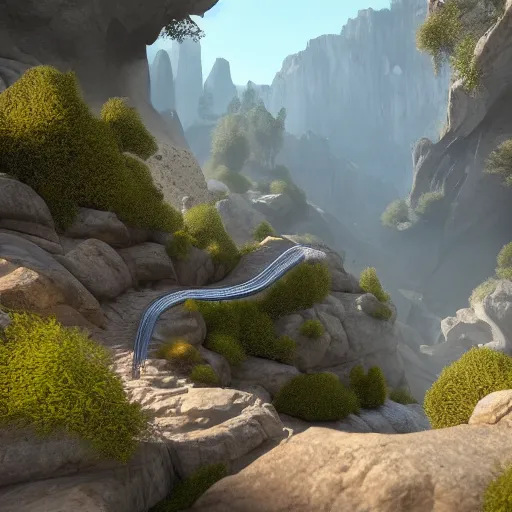 Image similar to pathway canyon in between mountains, unreal engine, high detail, realism, award winning, mist, detailed lighting