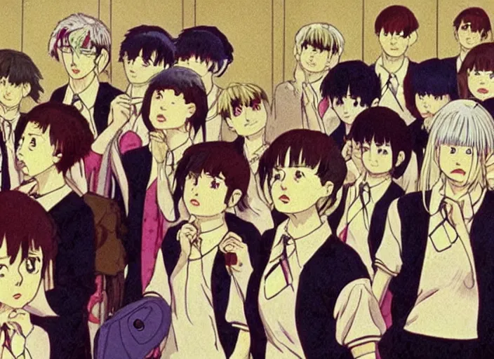 Prompt: screenshot from guro anime, 8 0's horror anime, yellowed grainy vhs footage with noise, four schoolgirls trapped in a bathroom, bathroom stalls and sinks and tiled floor, sad scared girls are in beige sailor school uniforms, one girl has white hair, detailed expressive faces, various hair colors and styles, in the style of ghibli,