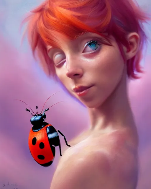 Prompt: cute female pixie holding pet ladybug, perfect face, thin wings, pink halter top, ginger hair, abs, cinematic, freckles, stunning, athletic, strong, agile, highly detailed, psychedelic, digital painting, artstation, smooth, hard focus, illustration, art by jessica rossier and and brian froud